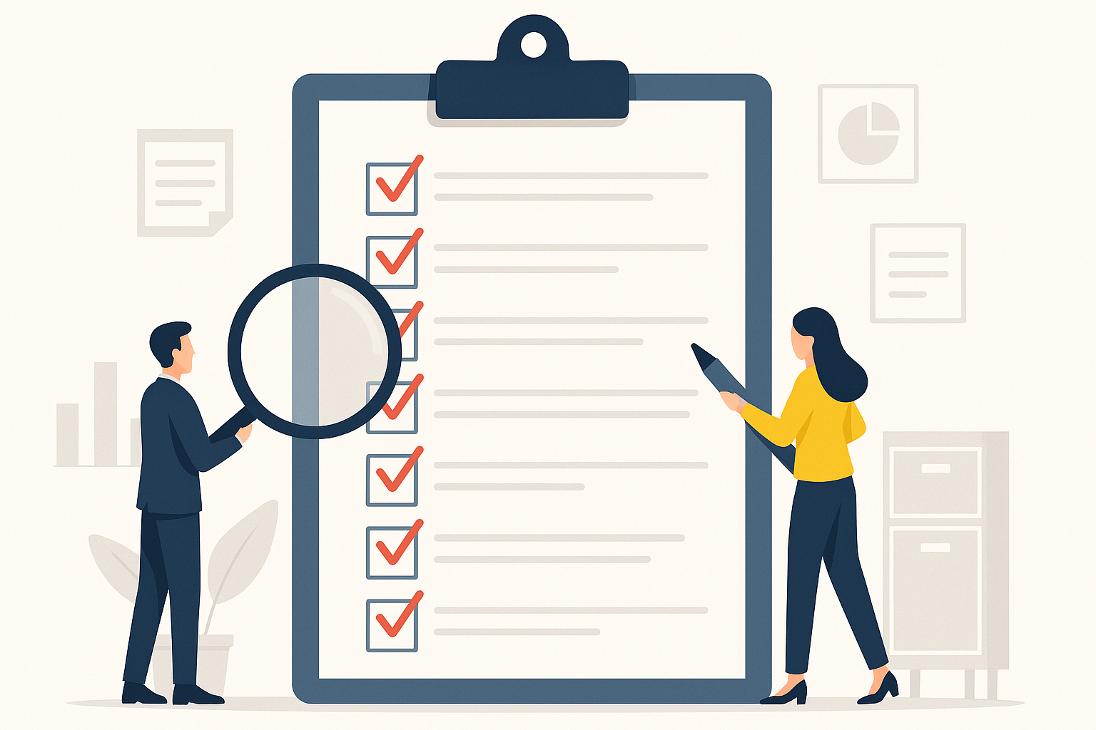 Illustration représentant un audit administratif : dossiers, graphiques et checklists évoquant l’analyse et la structuration des processus d’entreprise.