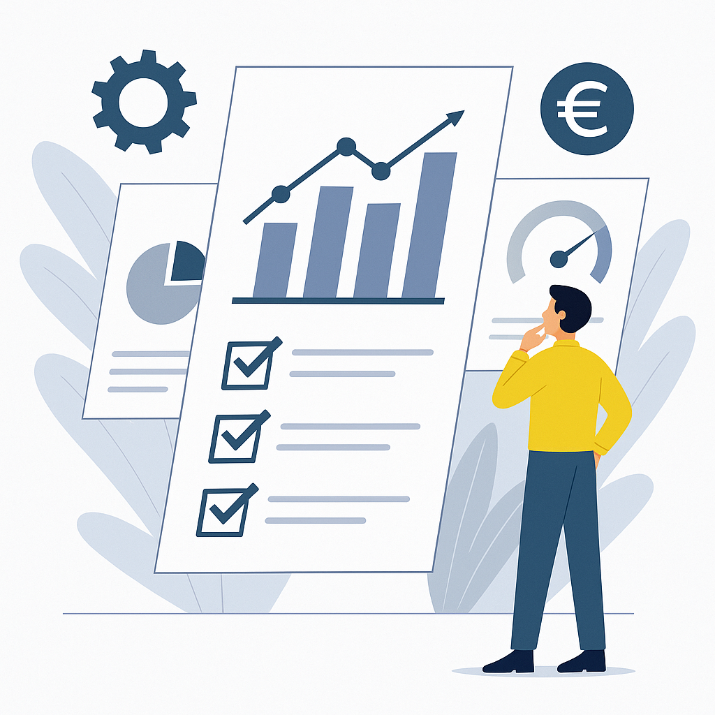 Illustration d’un tableau de bord administratif avec des graphiques, indicateurs et flux financiers symbolisant le pilotage de la performance d’entreprise.