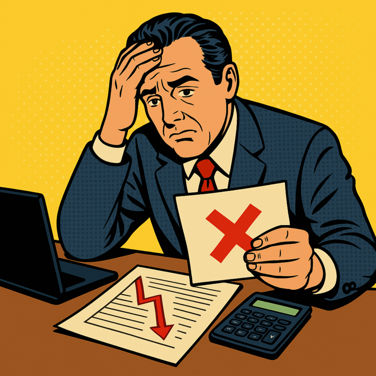 Illustration symbolisant les erreurs fréquentes dans la gestion commerciale des PME — documents éparpillés, calculatrice et stress administratif.