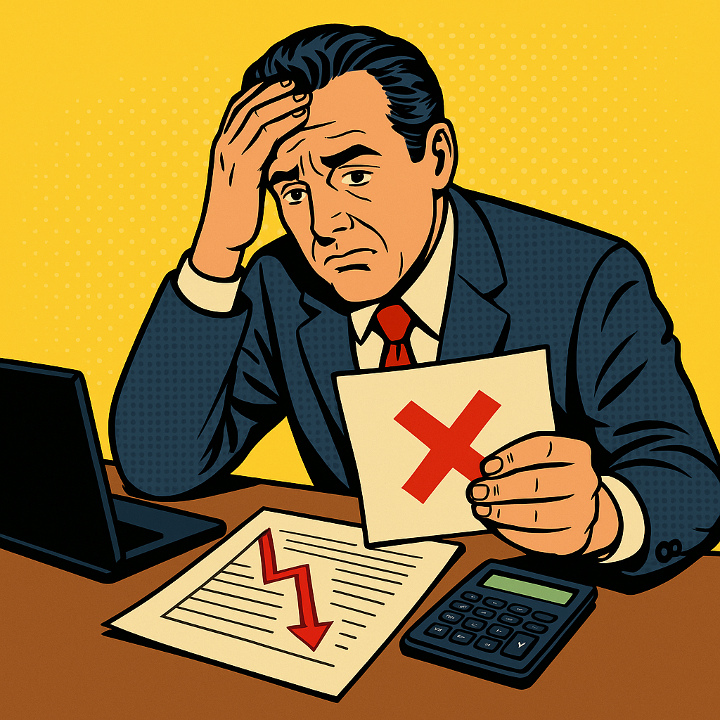 Illustration symbolisant les erreurs fréquentes dans la gestion commerciale des PME — documents éparpillés, calculatrice et stress administratif.