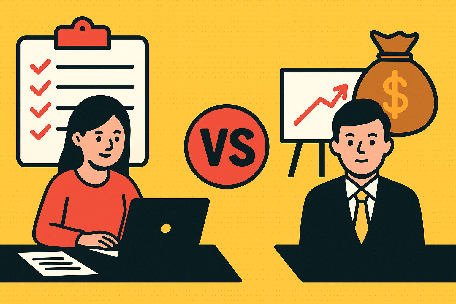 Illustration représentant le choix entre une assistante administrative interne et une solution d’externalisation, symbolisé par une balance entre documents, outils et performance financière.