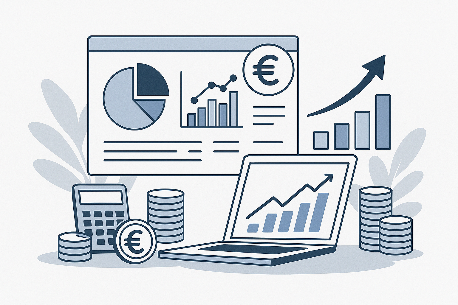 Illustration représentant la gestion et la fiabilisation de la trésorerie d’entreprise à travers des graphiques et flux financiers stylisés.