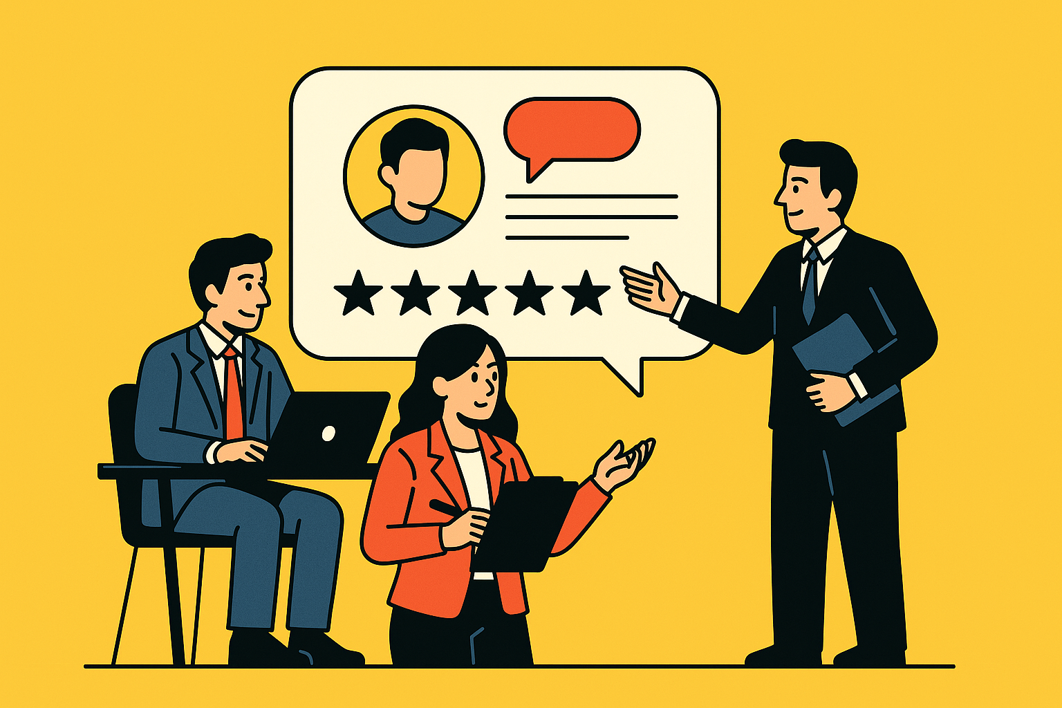 Illustration de dirigeants d’entreprise partageant leurs retours d’expérience, symbolisant les témoignages clients et la réussite de collaborations professionnelles.