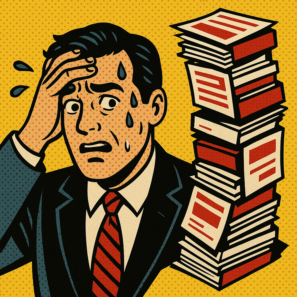 Un dirigeant anxieux face a une pile de paperasse administrative, phobie administrative